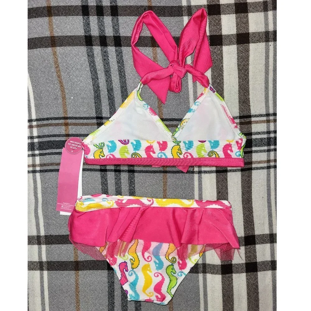 Girls Swim Suit Bikini, Pink Sea Horse Print with Ruffles, 4T